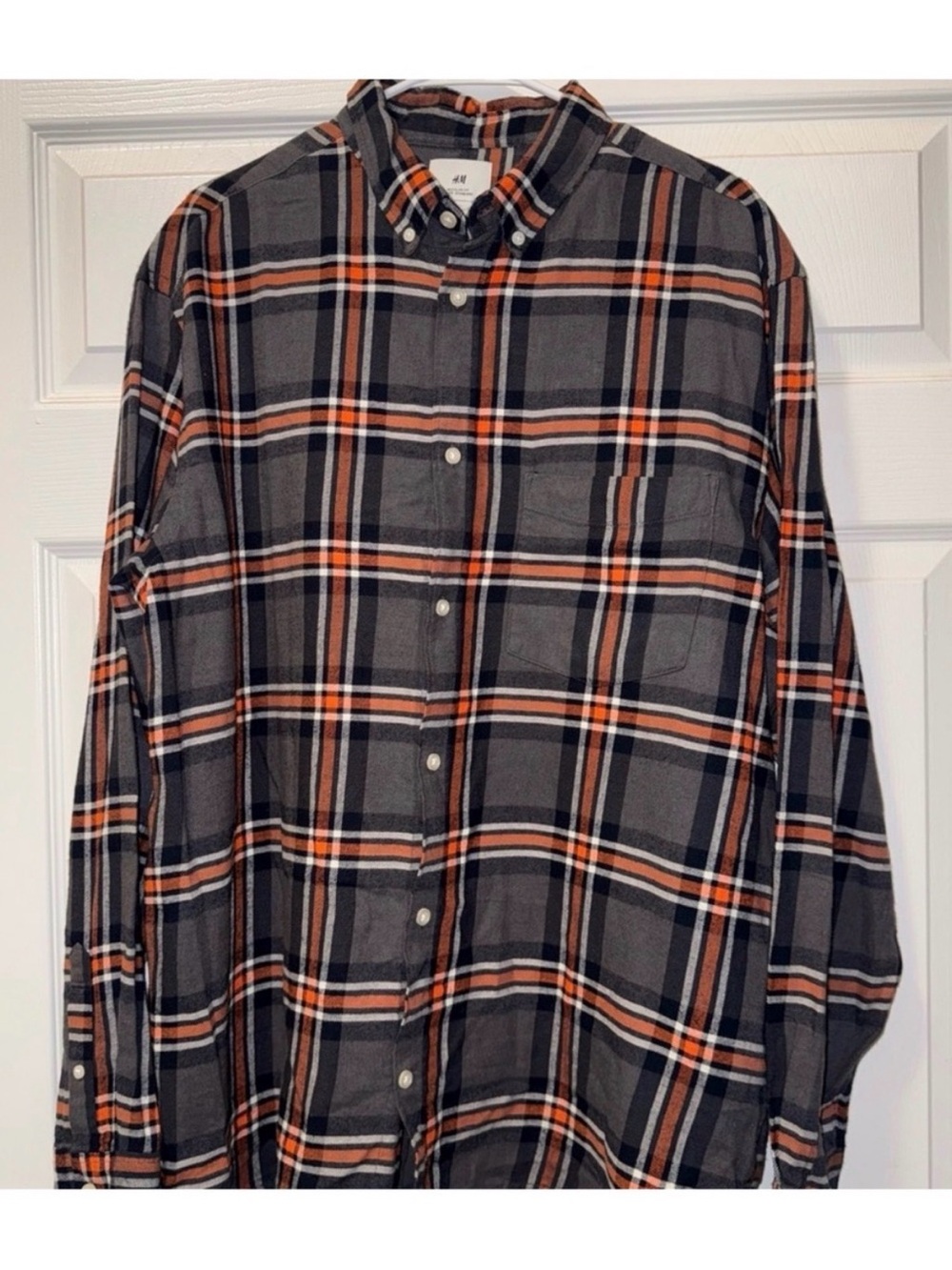 H&M Men's Gray, Black and Orange Plaid Button-Down Shirt